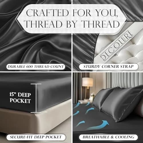 DECOLURE Satin Fitted Sheet King Size 78" L x 80" W x 15" D | Luxury Silky Smooth Fabric | Stone Grey thumbnail 3
