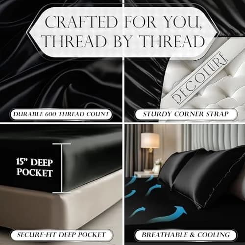 DECOLURE Satin Fitted Sheet King Size | Silky, Soft & Durable Bed Cover thumbnail 3
