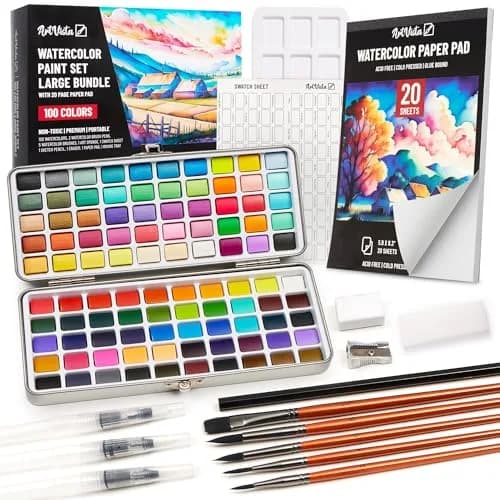 Art Vista Premium Watercolor Paint Set Bundle with 100 Vibrant Colors & Accessories | Non-Toxic, Portable Metal Case thumbnail 1