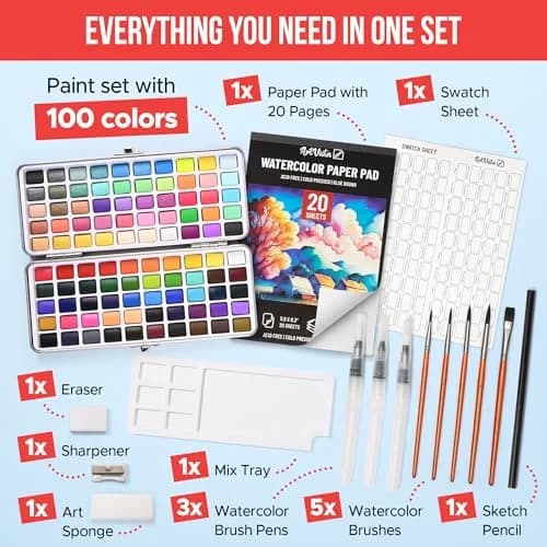 Art Vista Premium Watercolor Paint Set Bundle with 100 Vibrant Colors & Accessories | Non-Toxic, Portable Metal Case thumbnail 2