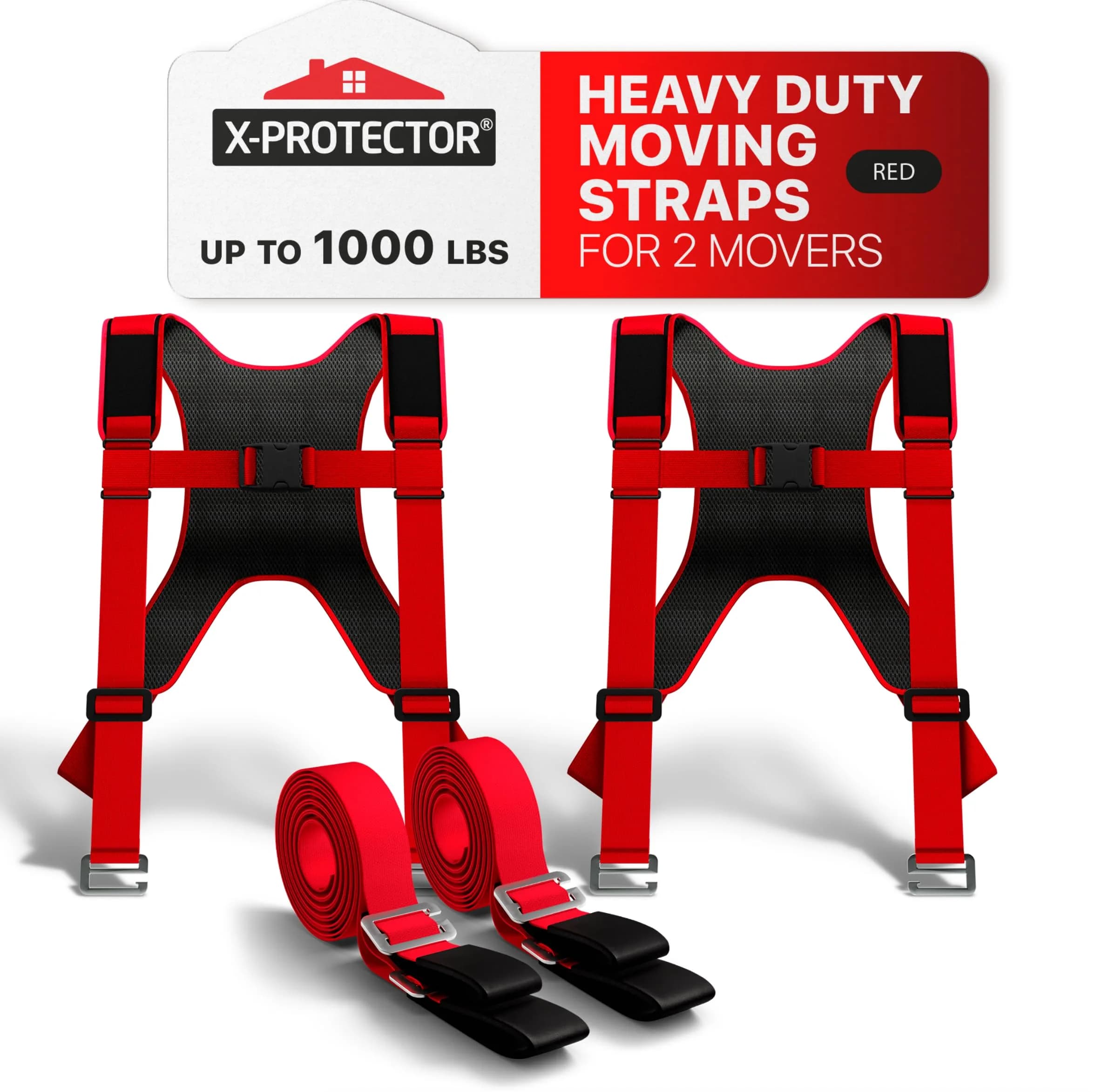 X-Protector Red Lifting Straps (2 Pairs, 1000 lbs Capacity) | Move Heavy Furniture & Appliances Safely