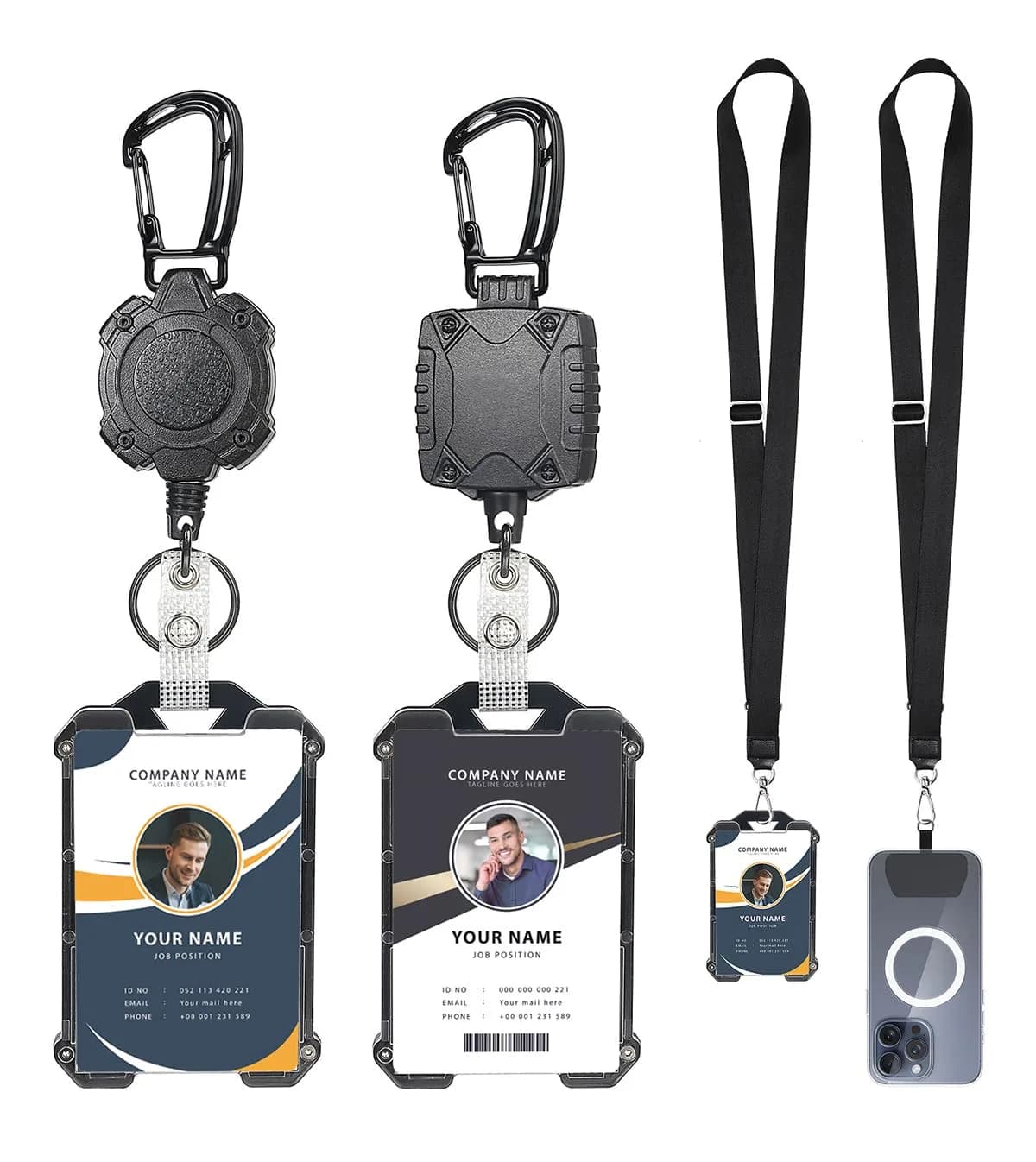 COOKOOKY Heavy Duty Retractable Badge Holder with Carabiner & Lanyard, 2-Pack Black | Strong Stainless Steel Cord — 8 Pcs - # A003