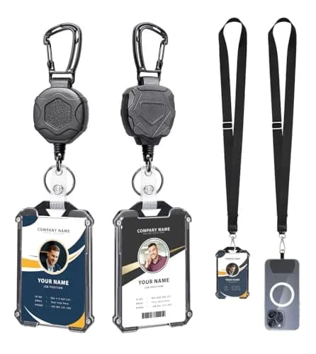 COOKOOKY Heavy Duty Retractable Badge Holder Clip with Carabiner & Lanyard, 4-Pack | Strong Stainless Steel Cord thumbnail 1