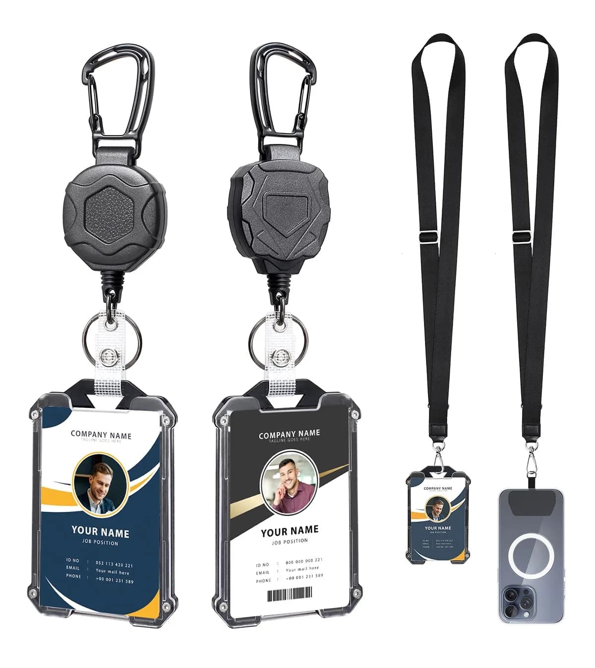 COOKOOKY Heavy Duty Retractable Badge Holder Clip with Carabiner & Lanyard, 4-Pack | Strong Stainless Steel Cord