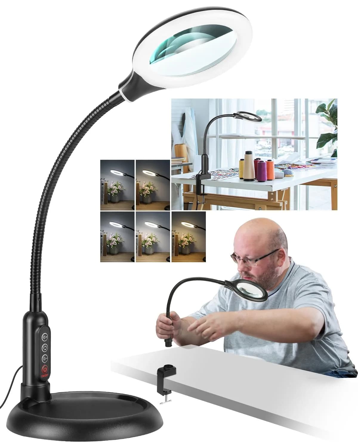 RackydigPro 12X Magnifying Glass with Light and Stand | 3.75-inch Real Glass Lens, LED 5 Color Modes, Brightness Stepless Dimming, Hands-Free Desk Clamp for Crafts & Reading