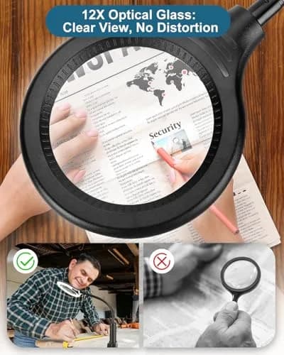 RackydigPro 12X Magnifying Glass with Light and Stand | 3.75-inch Real Glass Lens, LED 5 Color Modes, Brightness Stepless Dimming, Hands-Free Desk Clamp for Crafts & Reading thumbnail 5
