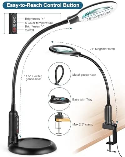 RackydigPro 12X Magnifying Glass with Light and Stand | 3.75-inch Real Glass Lens, LED 5 Color Modes, Brightness Stepless Dimming, Hands-Free Desk Clamp for Crafts & Reading thumbnail 6