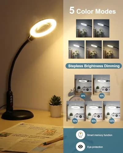 RackydigPro 12X Magnifying Glass with Light and Stand | 3.75-inch Real Glass Lens, LED 5 Color Modes, Brightness Stepless Dimming, Hands-Free Desk Clamp for Crafts & Reading thumbnail 3
