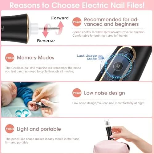 Hoxida Black Electric Nail Drill Set | 20,000 RPM Cordless Manicure Pedicure Tool with 360° LED Light thumbnail 8