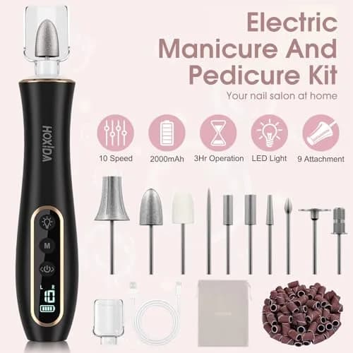 Hoxida Black Electric Nail Drill Set | 20,000 RPM Cordless Manicure Pedicure Tool with 360° LED Light thumbnail 2