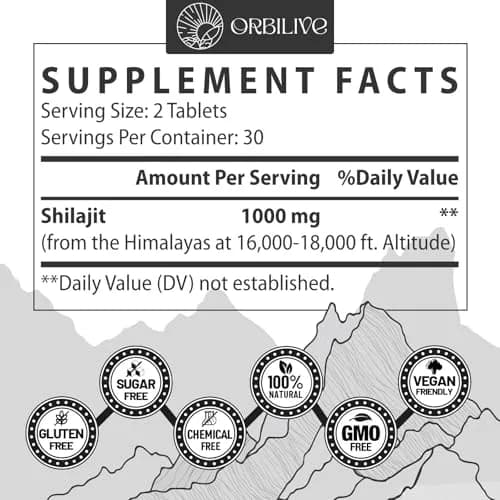 ORILIVE Shilajit Tablets 1000 MG | Himalayan Organic, Rich in Fulvic Acid & Trace Minerals, 60 Count thumbnail 2