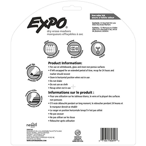EXPO Low Odor Dry Erase Markers, Assorted Colors, Chisel Tip, 24 Count | Vibrant Ink for Whiteboards & Non-Porous Surfaces thumbnail 8
