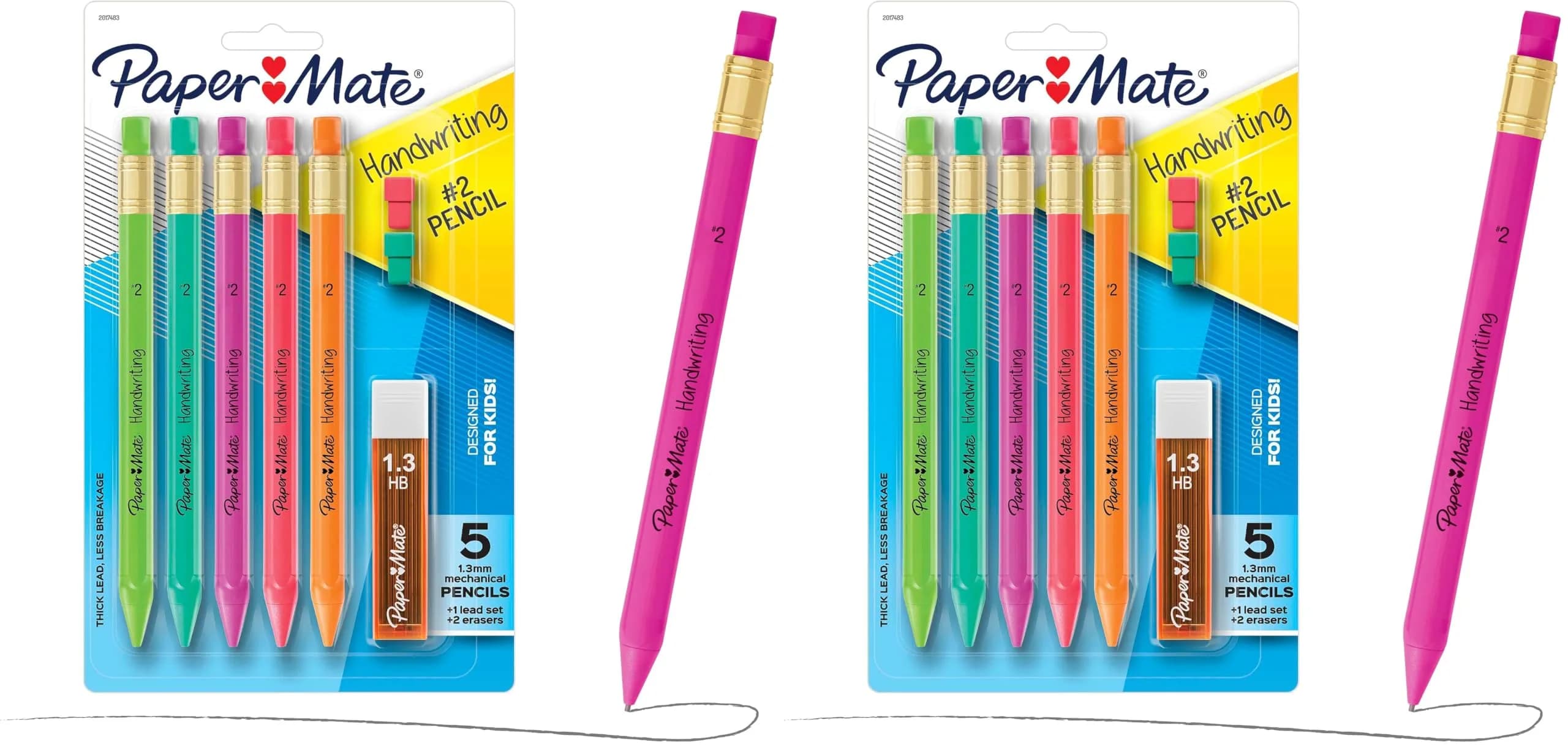 Paper Mate Handwriting Triangular Mechanical Pencil Set with Lead & Eraser Refills, 1.3mm, Assorted Colors, 2-Pack | Smooth Ink Flow