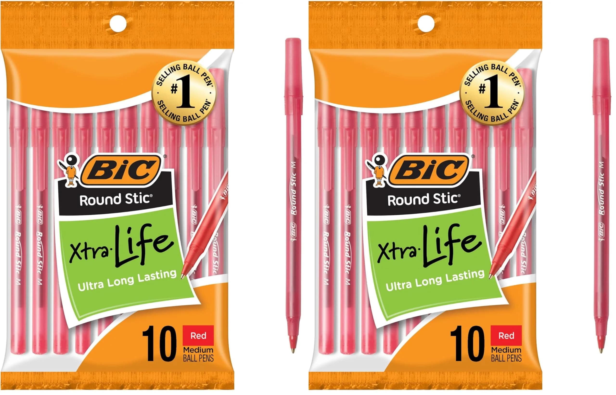 BIC Round Stic Xtra Life Red Ballpoint Pens, Medium Point (1.0mm) 20-Count | Smooth Ink Flow for Writing Comfort