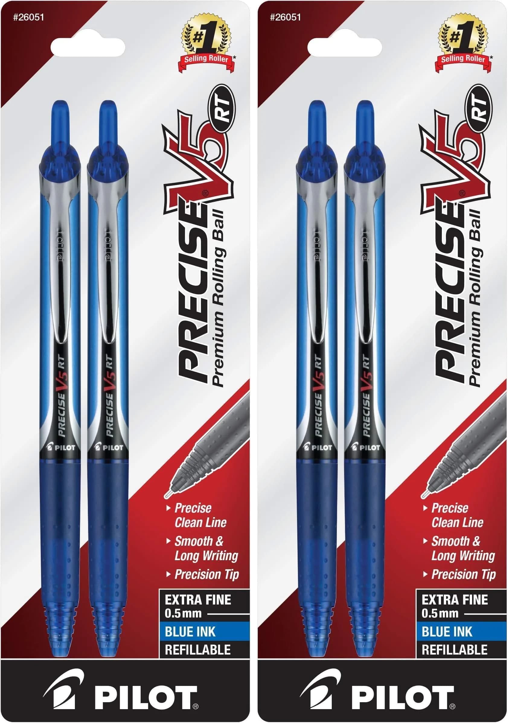 Pilot Precise V5 RT Rolling Ball Pens Blue Ink 0.5mm Extra Fine Point 4-Pack | Smooth Writing for Students & Professionals — 4-Pack