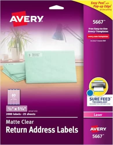 Avery Matte Clear Return Address Labels 0.5" x 1.75" (10,000 Labels Total) | Sure Feed Technology for Laser Printers thumbnail 1