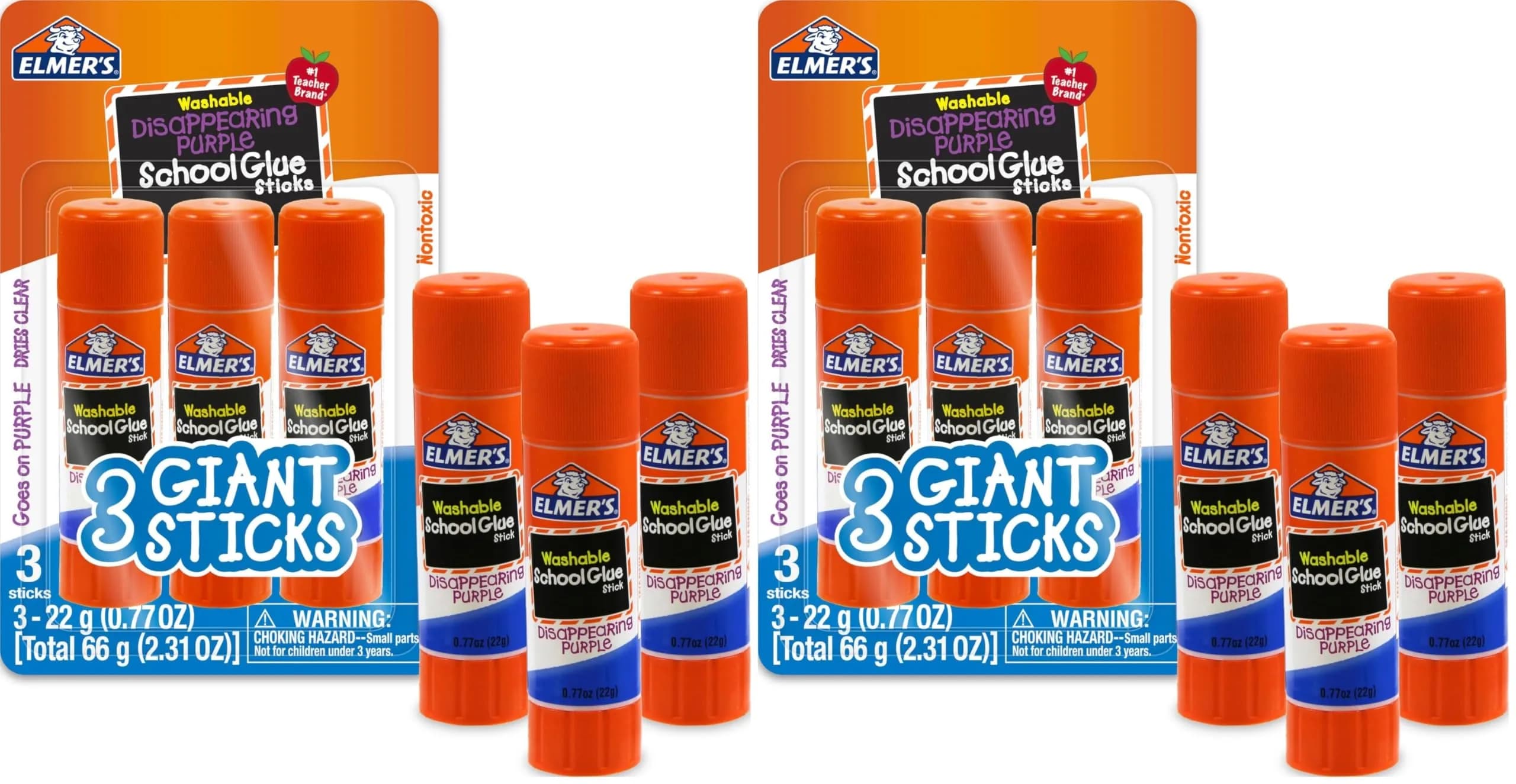 Elmer's Disappearing Purple School Glue Sticks, Washable, 22 Grams, 6 Count | #1 Teacher Brand, Dries Clear