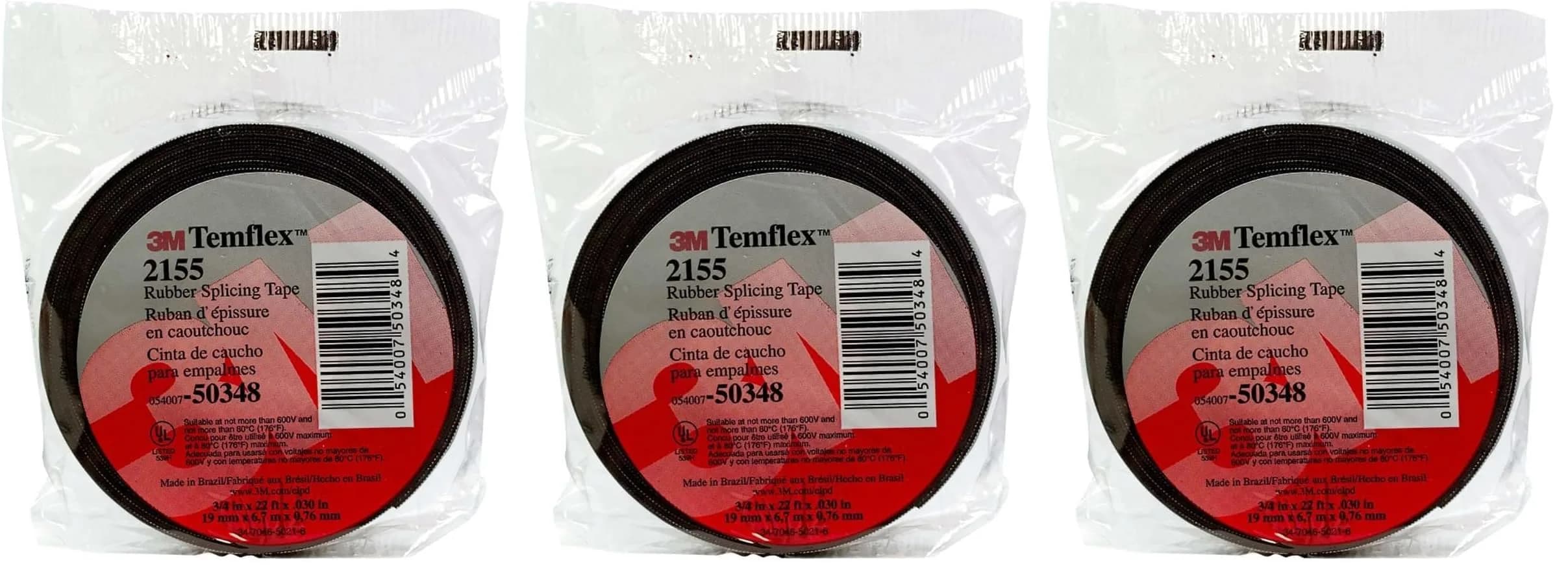 3M Temflex 2155 Rubber Splicing Tape 19mm (3/4") x 6.7m (22ft) Black | UL Listed 600V Electrical Insulation & Moisture Seal — Negro