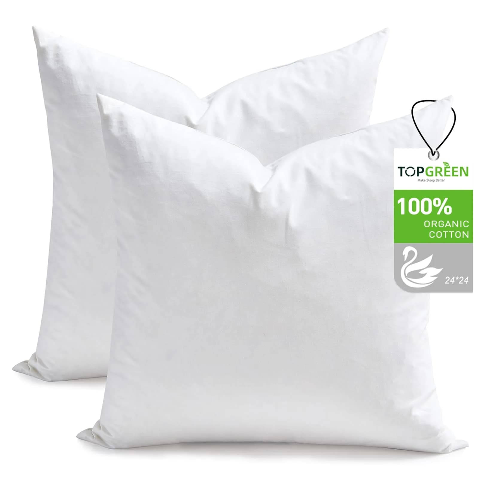 TOPGREEN Feather Down Throw Pillow Inserts 18 x 18 | Organic Cotton, Soft & Lofty (70-120 chars) — White