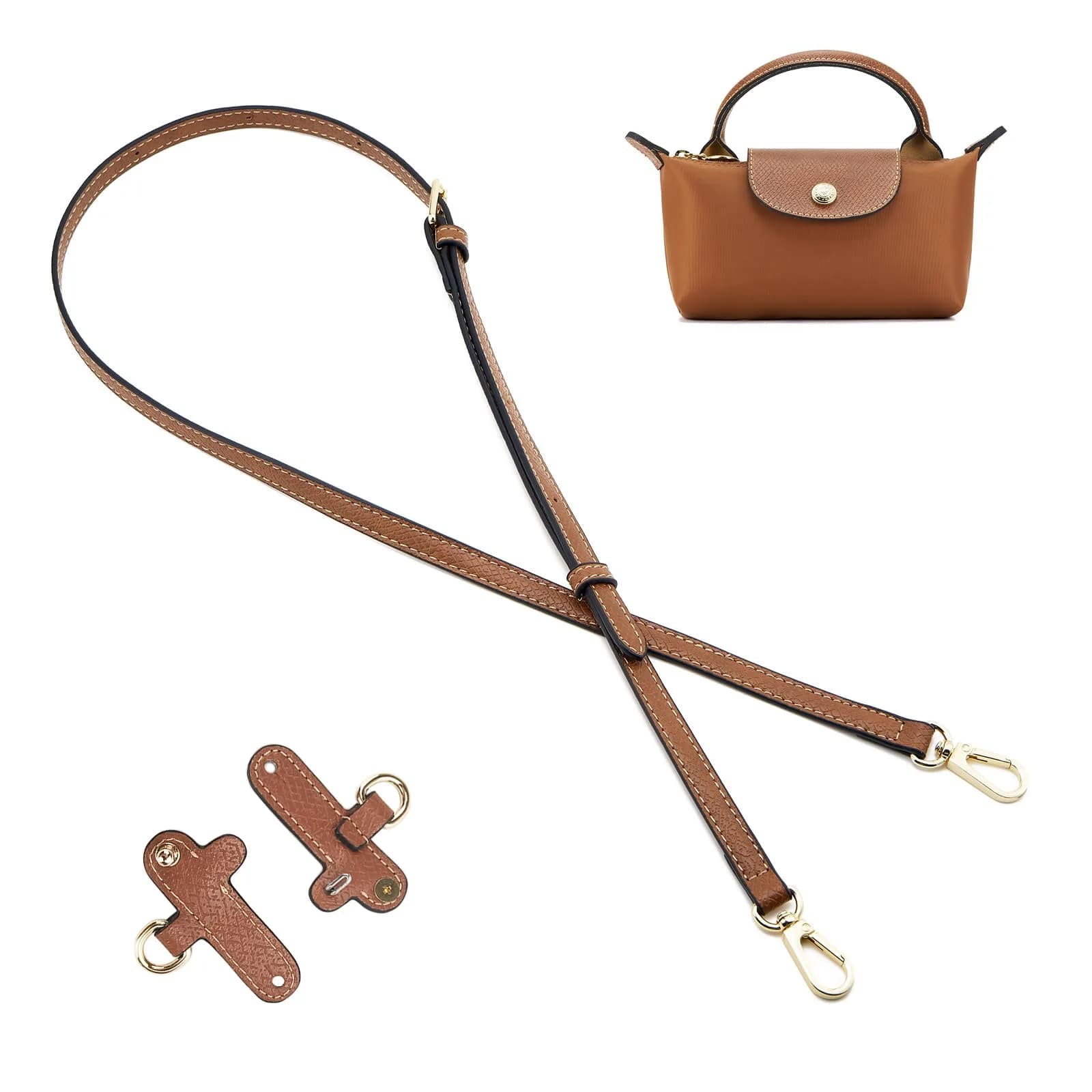 DEVPSISR Adjustable Leather Strap for Longchamp Handbag | 125 cm (48.75 in) Brown-Gold - main product image