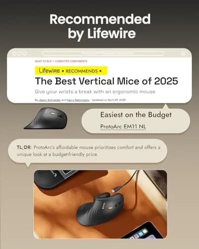 ProtoArc EM11 NL Wireless Ergonomic Mouse, Rechargeable Vertical Mouse, 13.8cm (5.43in) Length | Connect 3 Devices via Bluetooth 5.0 & 2.4G USB-A thumbnail 4