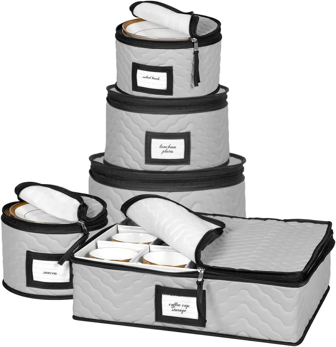 HOLDN’ STORAGE 5-Piece China Storage Set for 12 Place Settings | Quilted Microfiber with Dividers — Gray / 5 Piece Storage Set