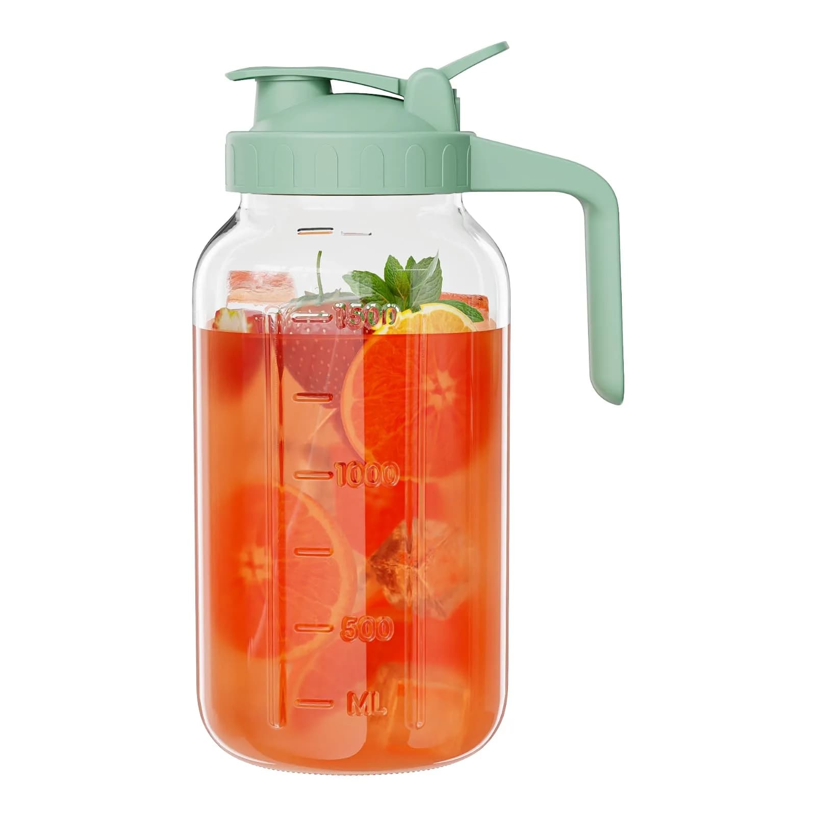 JunVpic Glass Pitcher with Lid, 1.89 L (64 oz) Wide Mouth Mason Jar, Green | Dishwasher Safe, Leakproof Spout