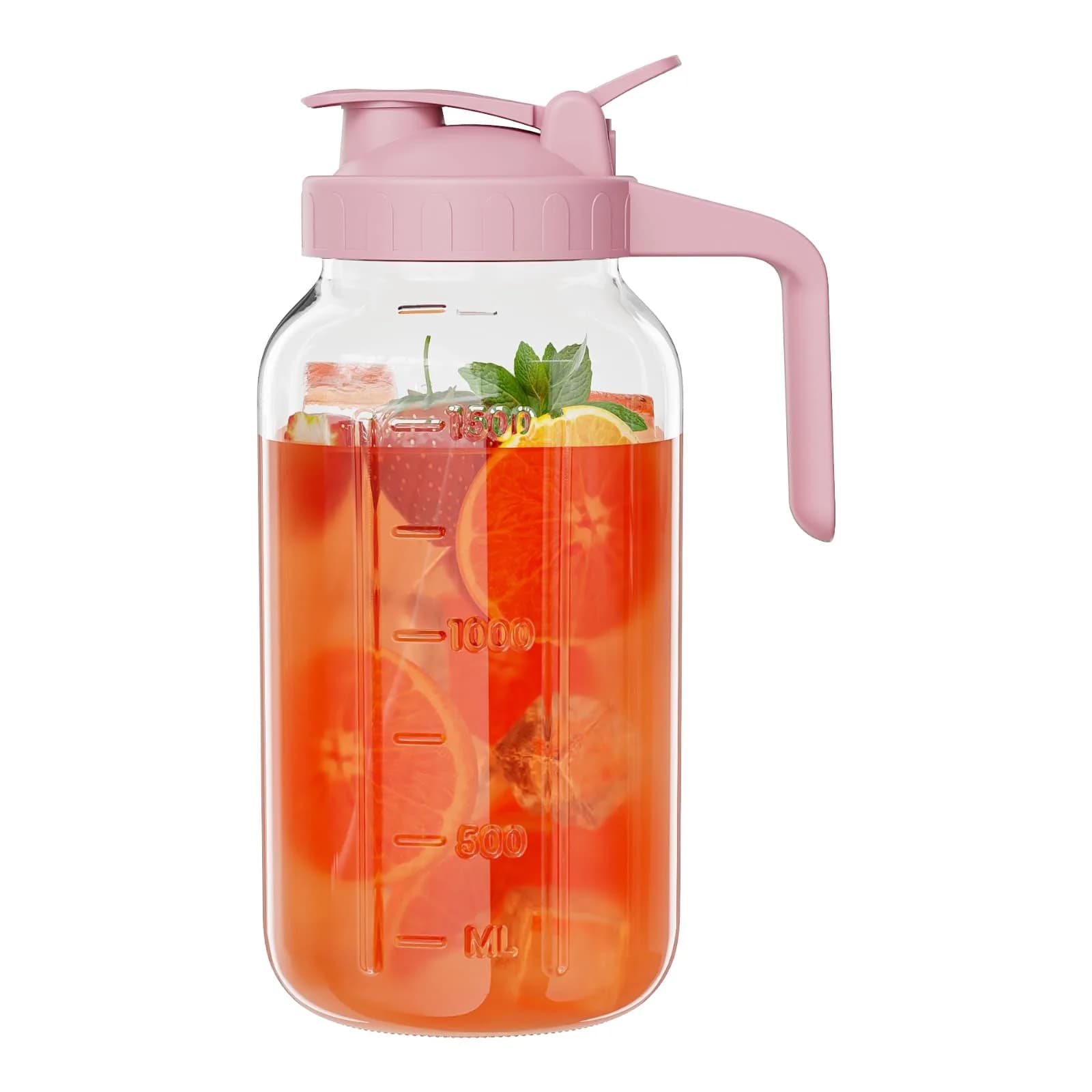 JunVpic Glass Pitcher with Lid, 1.89 L (64 oz) Wide Mouth Mason Jar | Leak-Proof Spout & Handle