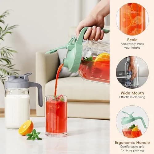 JunVpic Glass Pitcher with Lid, 1.89 L (64 oz) Wide Mouth Mason Jar | Leak-Proof Spout & Handle thumbnail 4