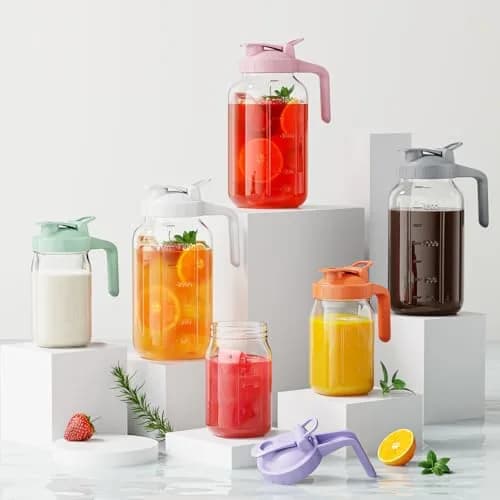 JunVpic Glass Pitcher with Lid, 1.89 L (64 oz) Wide Mouth Mason Jar | Leak-Proof Spout & Handle thumbnail 6