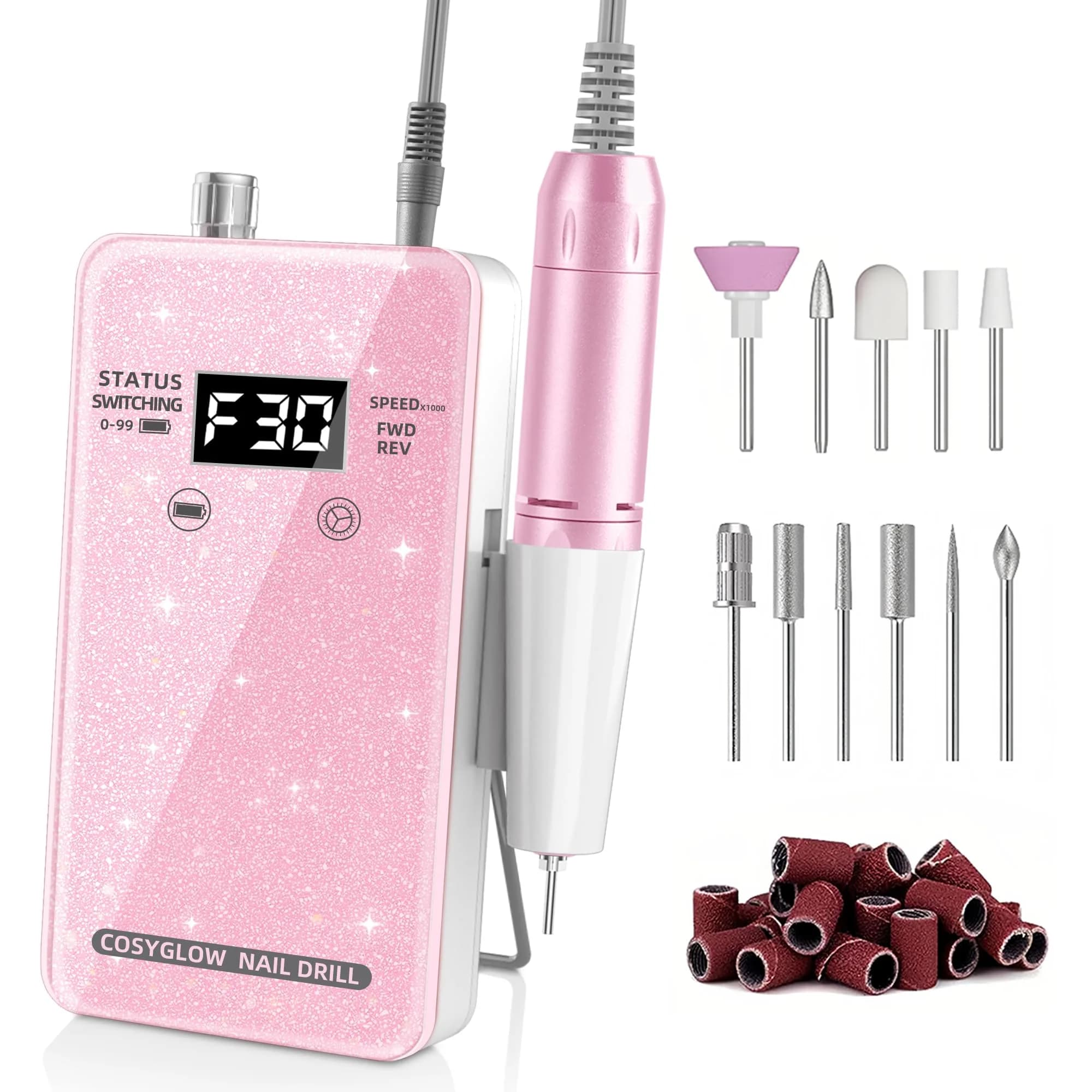 COSYGLOW Professional Electric Nail Drill Kit Pink Glitter Portable Cordless E-File 30000 RPM | Rechargeable Nail Machine for Acrylic & Gel Nails - main product image