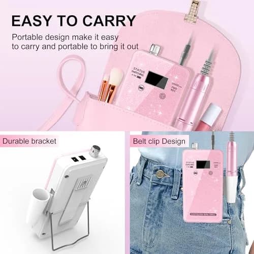 COSYGLOW Professional Electric Nail Drill Kit Pink Glitter Portable Cordless E-File 30000 RPM | Rechargeable Nail Machine for Acrylic & Gel Nails thumbnail 5