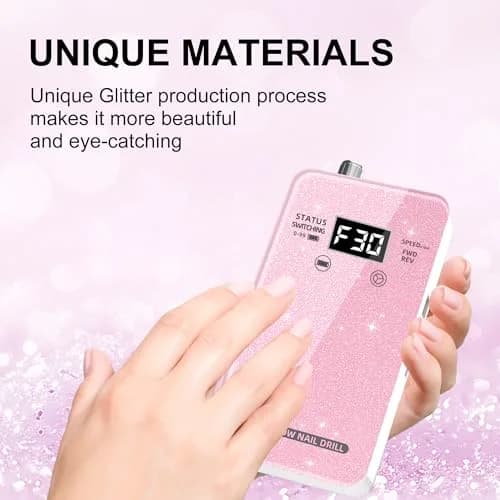 COSYGLOW Professional Electric Nail Drill Kit Pink Glitter Portable Cordless E-File 30000 RPM | Rechargeable Nail Machine for Acrylic & Gel Nails thumbnail 2