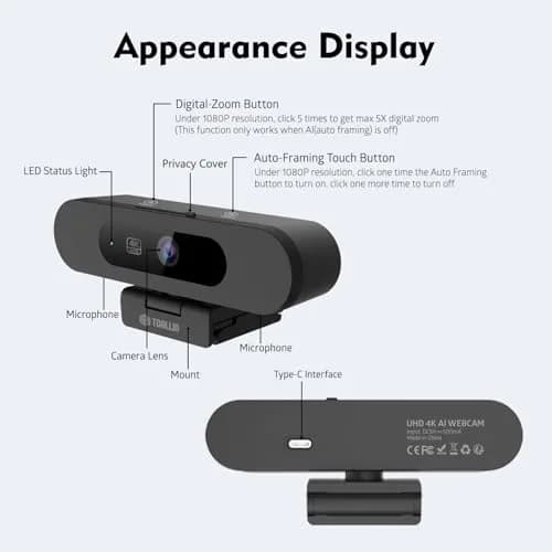 TOALLIN 4K AI Webcam with Auto-Framing & Noise-Canceling Microphones | 92° Wide Angle, 5X Digital Zoom, Auto Light Correction thumbnail 6