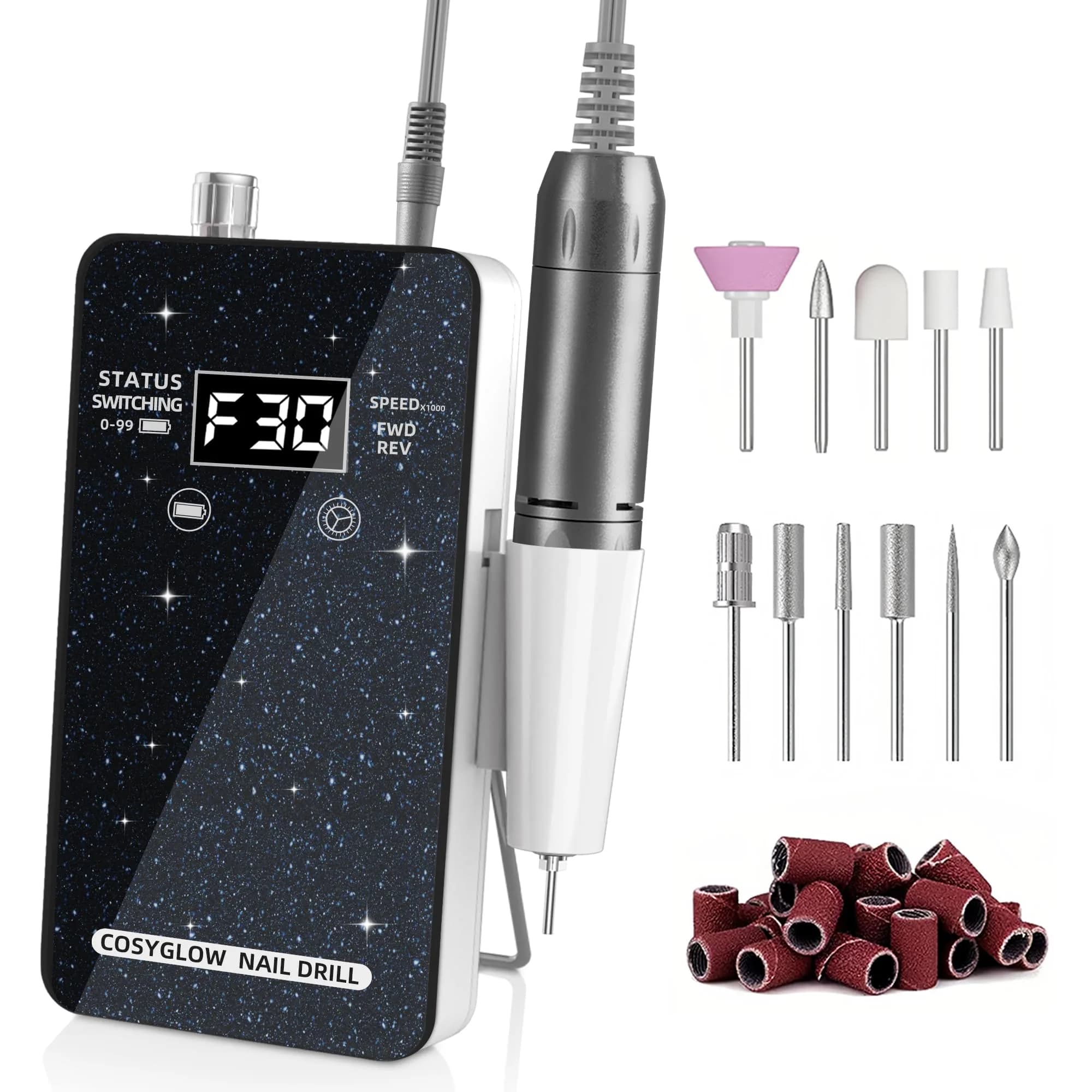 COSYGLOW Professional Electric Nail Drill Kit Pink Glitter Portable Cordless E-File 30000 RPM | Rechargeable Nail Machine for Acrylic & Gel Nails — Black