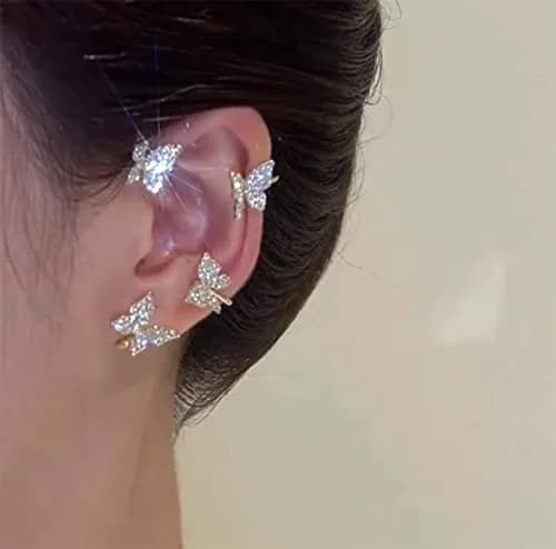 LAKIYOYO Gold 2Pcs Butterfly Ear Cuff Earrings | No Piercing Clip Wrap Around Rhinestone thumbnail 4