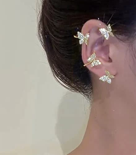 LAKIYOYO Gold 2Pcs Butterfly Ear Cuff Earrings | No Piercing Clip Wrap Around Rhinestone thumbnail 2