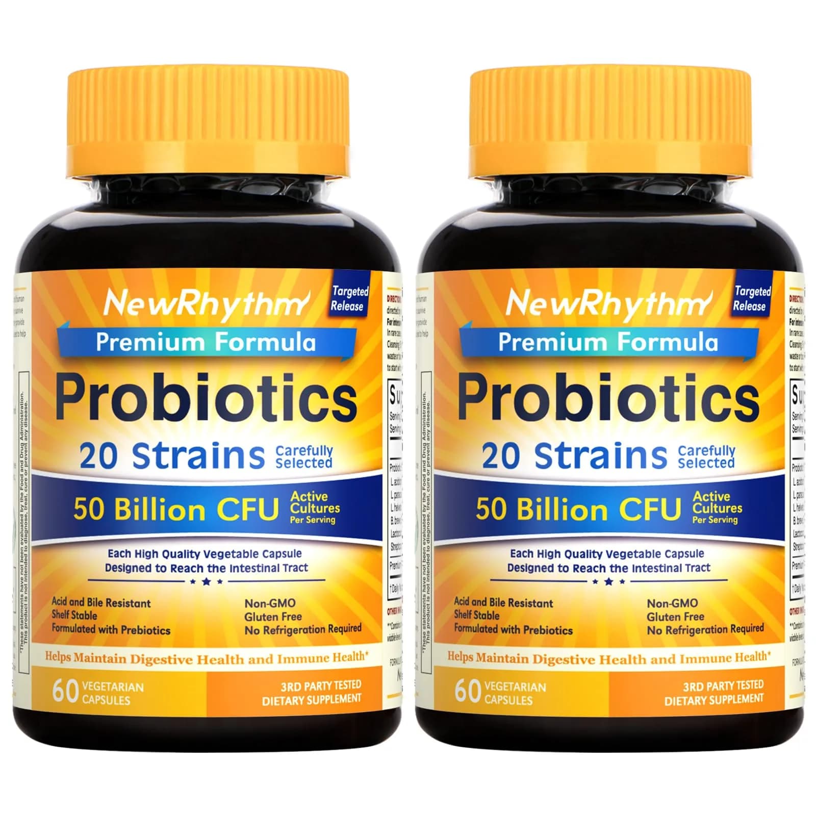 NewRhythm Probiotics 50 Billion CFU 20 Strains 120 Veggie Capsules | Digestive & Immune Health Support