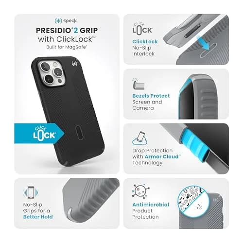 Speck Presidio 2 Grip iPhone 16 Pro Max Case - MagSafe & ClickLock Slim Black/Slate thumbnail 2
