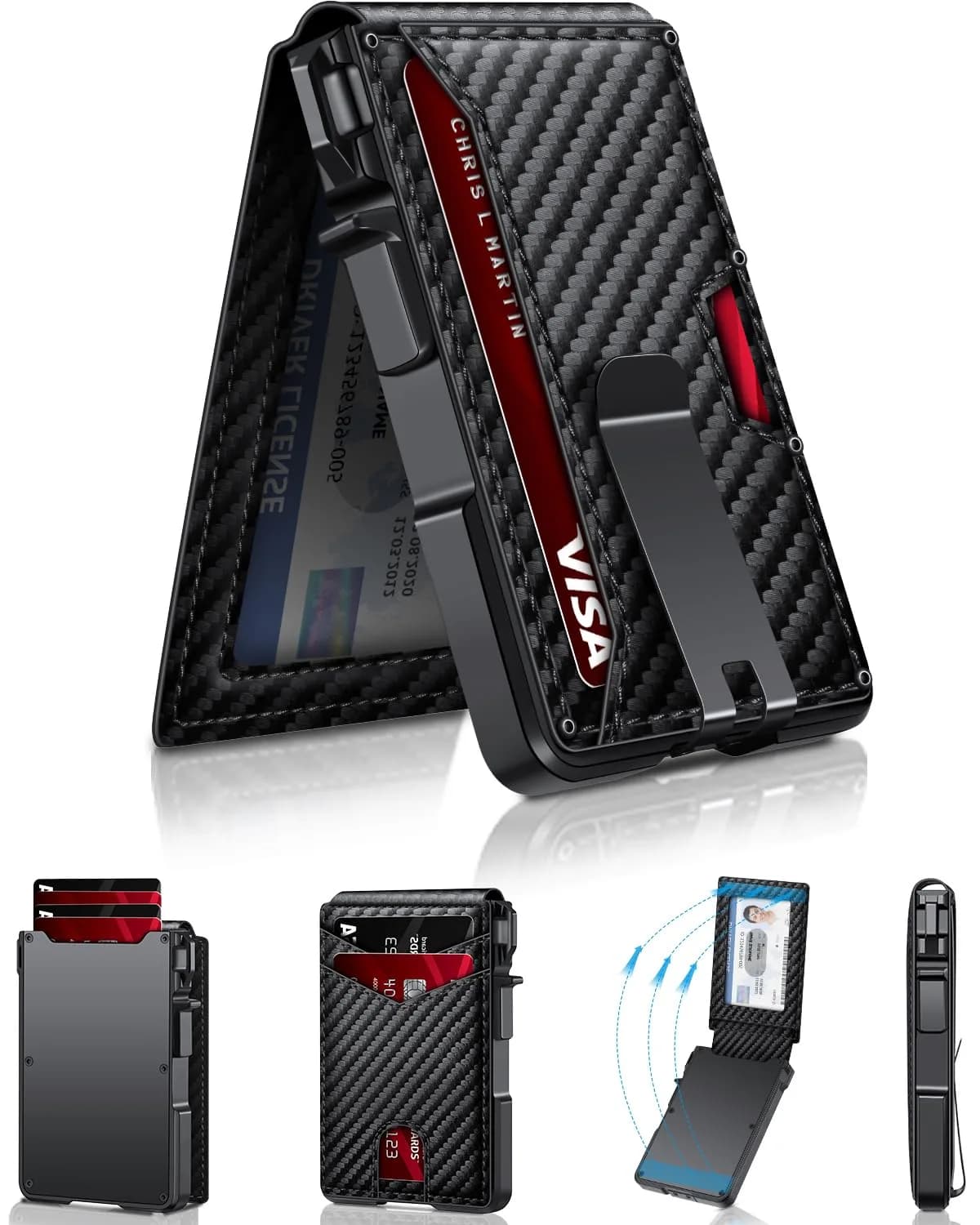 ZALVEX Minimalist RFID Blocking Pop-Up Wallet for Men, Carbon Fiber & Aluminum, 12+ Cards Capacity - main product image