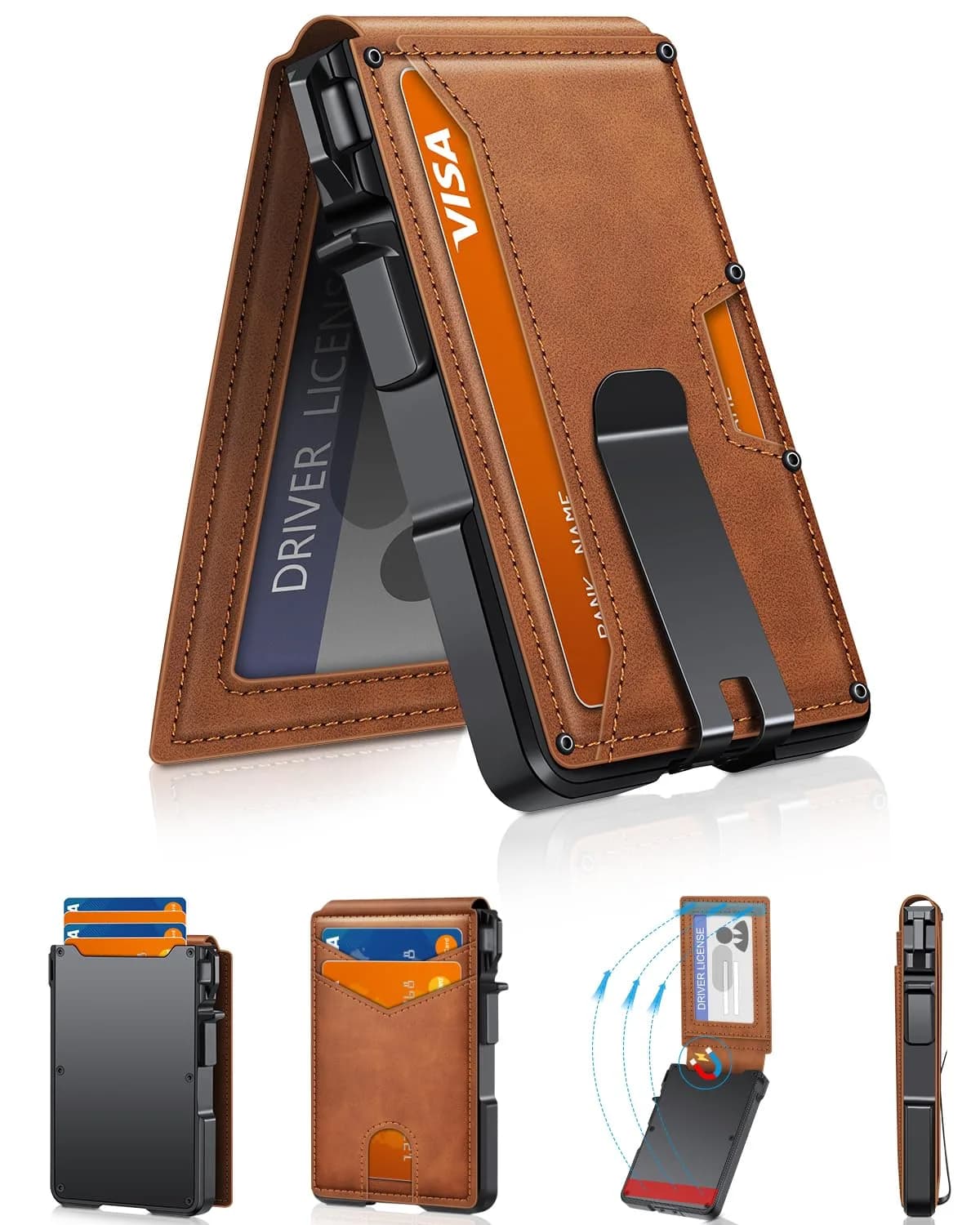 ZALVEX Minimalist RFID Blocking Pop-Up Wallet for Men, Carbon Fiber & Aluminum, 12+ Cards Capacity — Brown