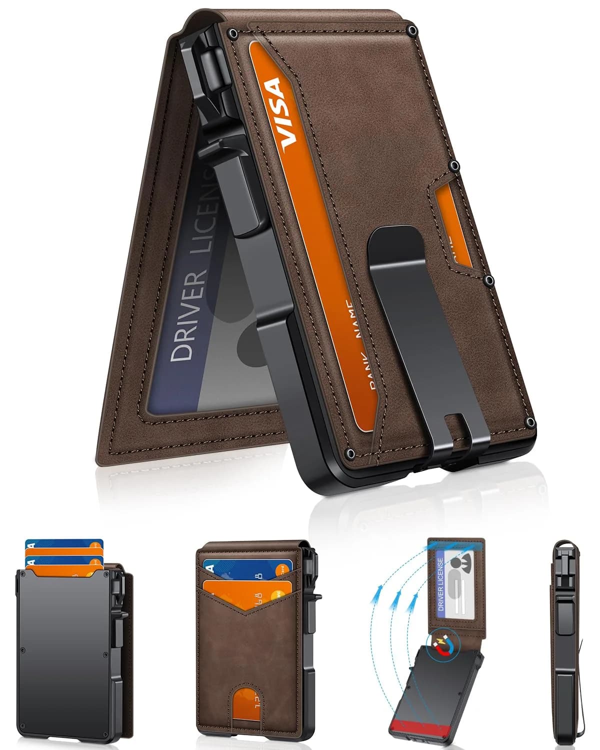 ZALVEX Minimalist RFID Blocking Pop-Up Wallet for Men, Carbon Fiber & Aluminum, 12+ Cards Capacity — Coffee Brown