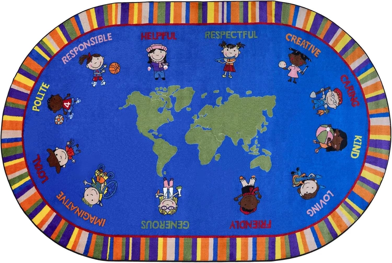 KIDCARPET.COM Our World of Virtue Classroom Rug 4' x 6' Oval | Bright Educational Kids Rug for Nursery & Playroom - main product image