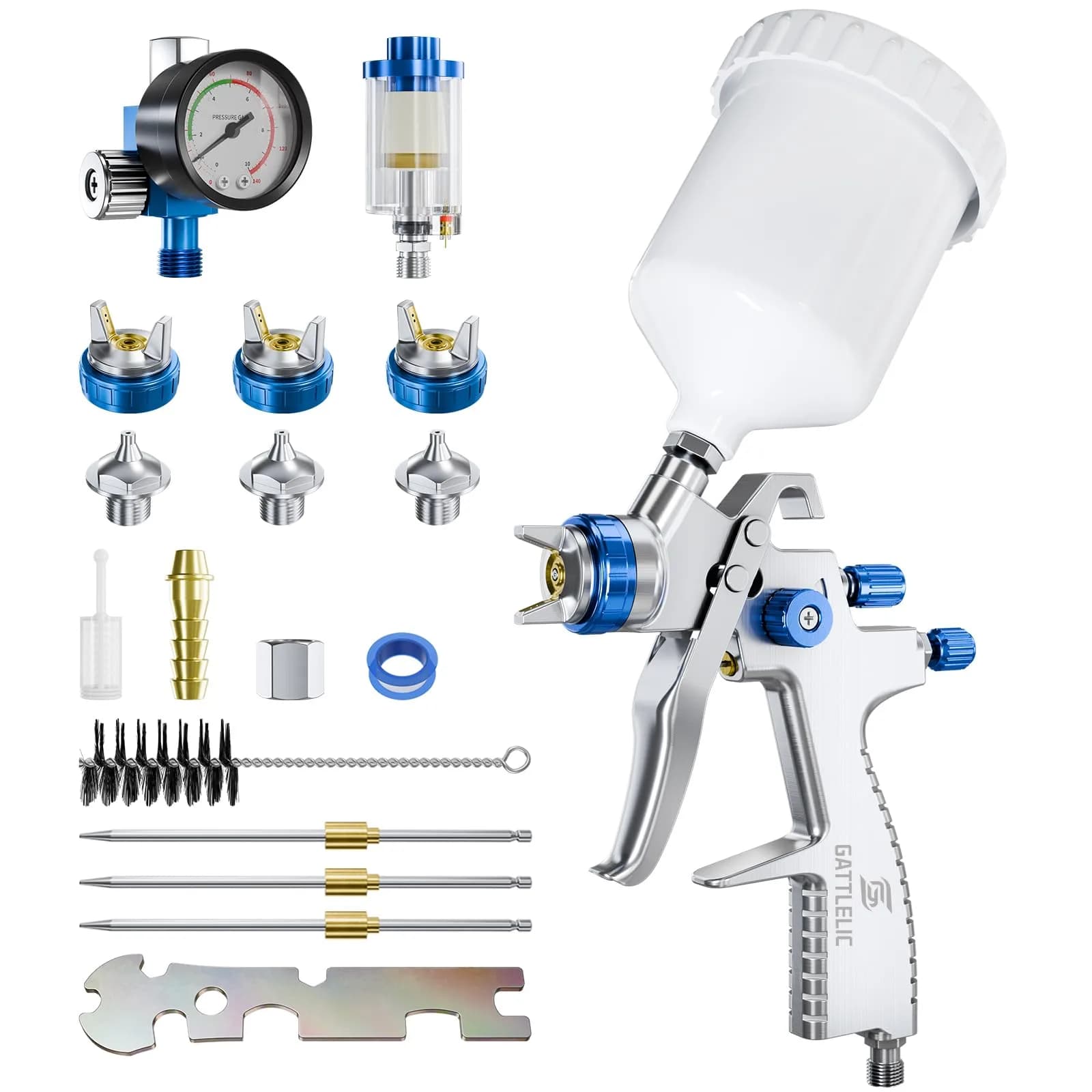 GATTLELIC LVLP Steel Air Spray Gun Premium Kit with 1.4/1.7/2.0mm Nozzles & Regulator, 600cc Cup | Automotive & DIY Painting Tool