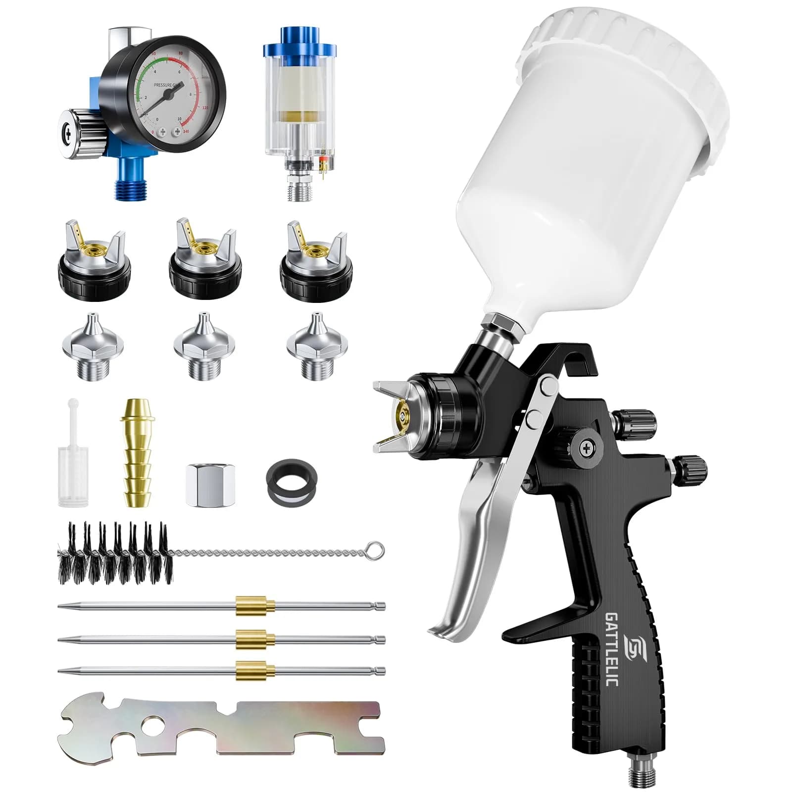 GATTLELIC LVLP Black Air Spray Gun Premium Kit with 1.3/1.5/1.7mm Nozzles & Air Regulator | Automotive Paint Sprayer for Cars & House DIY - main product image