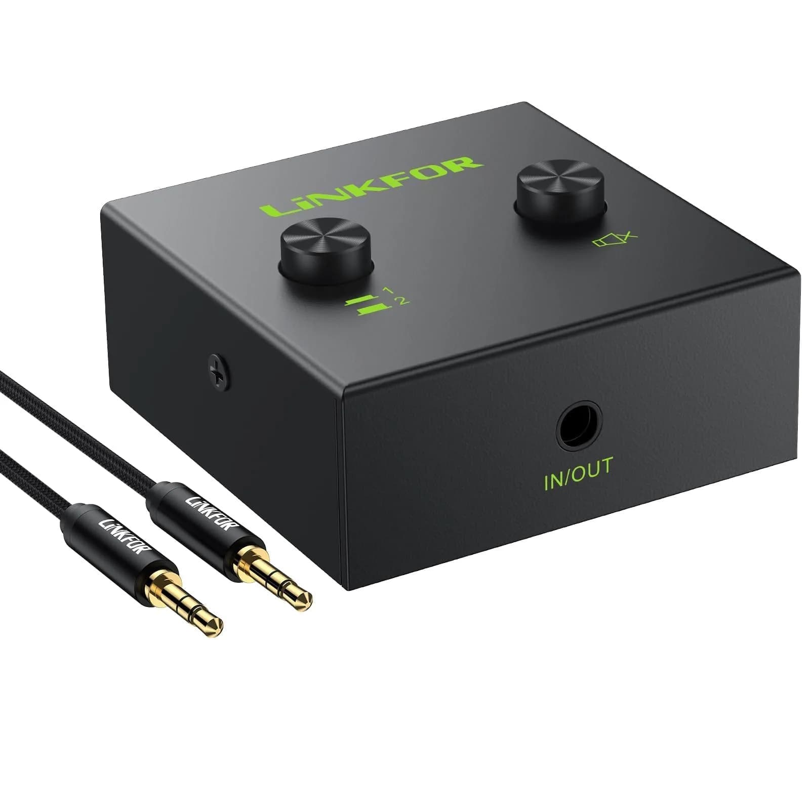 LiNKFOR 2 x 1/1 x 2 3.5mm Stereo Audio Switch Audio Switcher | Mute Button, No Power Needed - main product image