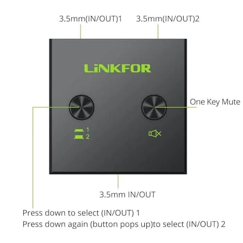 LiNKFOR 2 x 1/1 x 2 3.5mm Stereo Audio Switch Audio Switcher | Mute Button, No Power Needed thumbnail 2