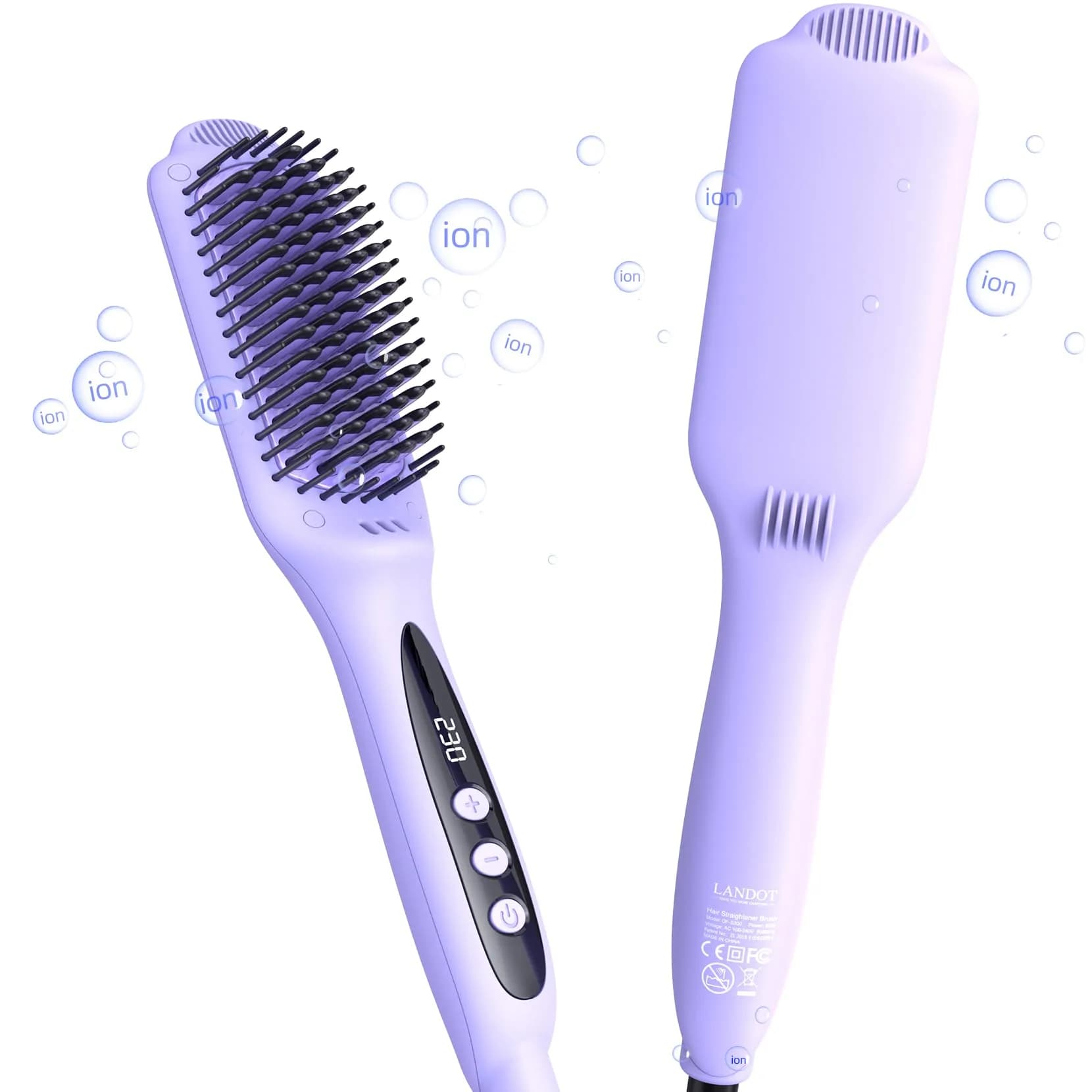 LANDOT Hair Straightener Brush Ionic Ceramic Heated Hot Brush | 12 Temp Settings, Dual Voltage, Safe & Fast — Purple Straightening Brush