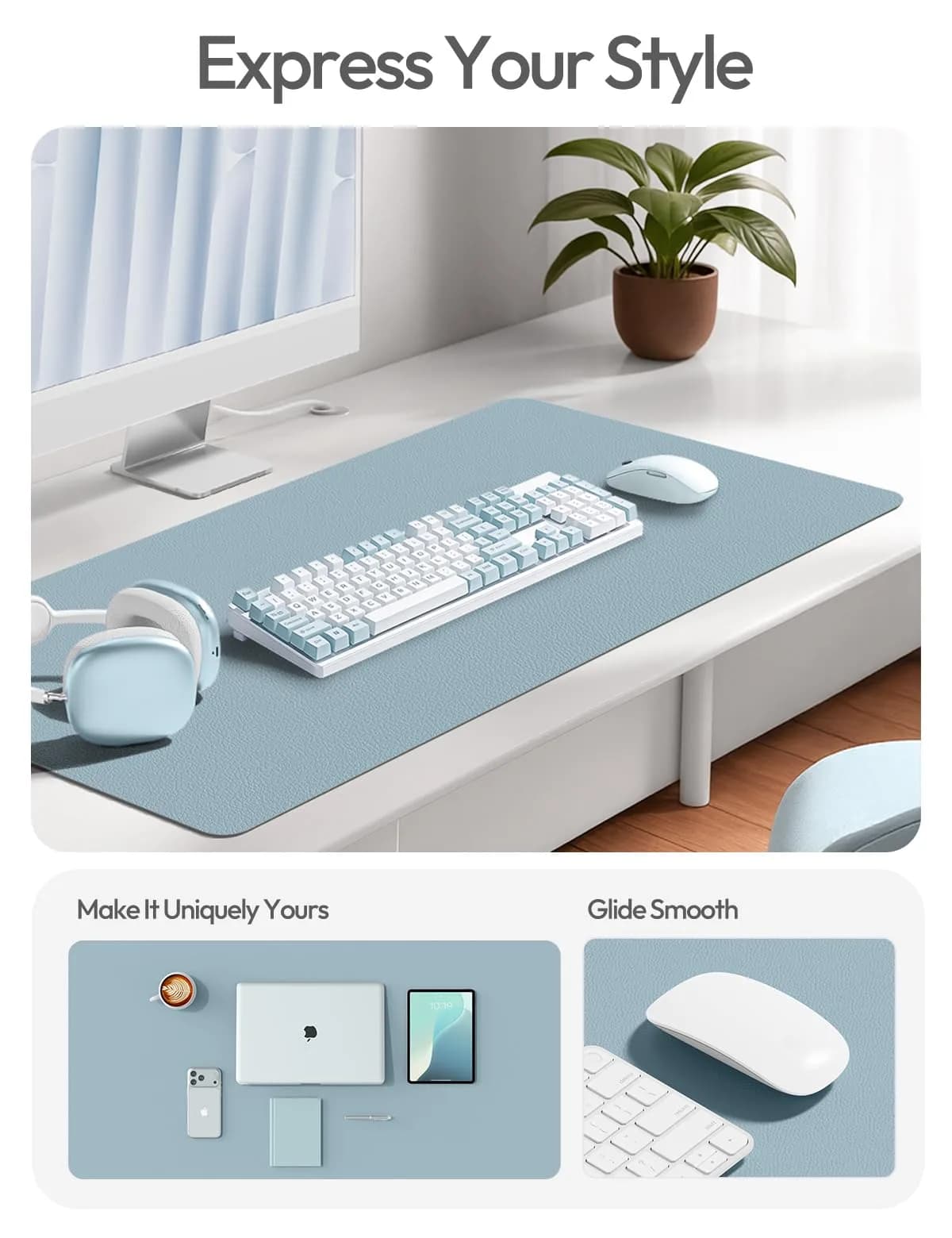 YSAGi PU Leather Desk Protector Mat (Ice Blue, 47.2" x 23.6") | Protects Desk, Doubles as Large Mouse Pad