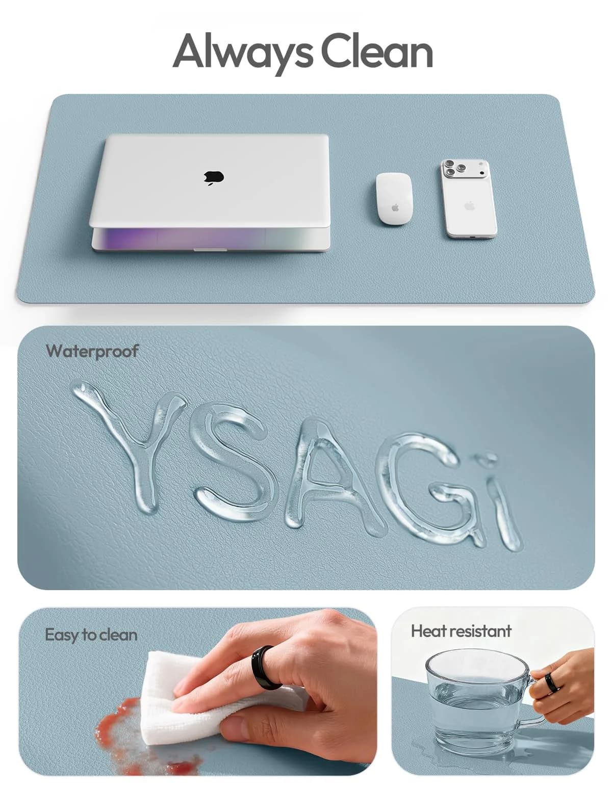 YSAGi PU Leather Desk Protector Mat (Ice Blue, 47.2" x 23.6") | Protects Desk, Doubles as Large Mouse Pad thumbnail 7